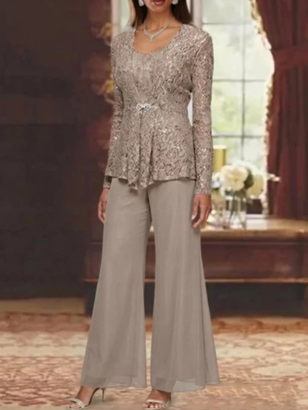 3 piece pantsuit perfect for any special occasion. Size 4 Color taupe.